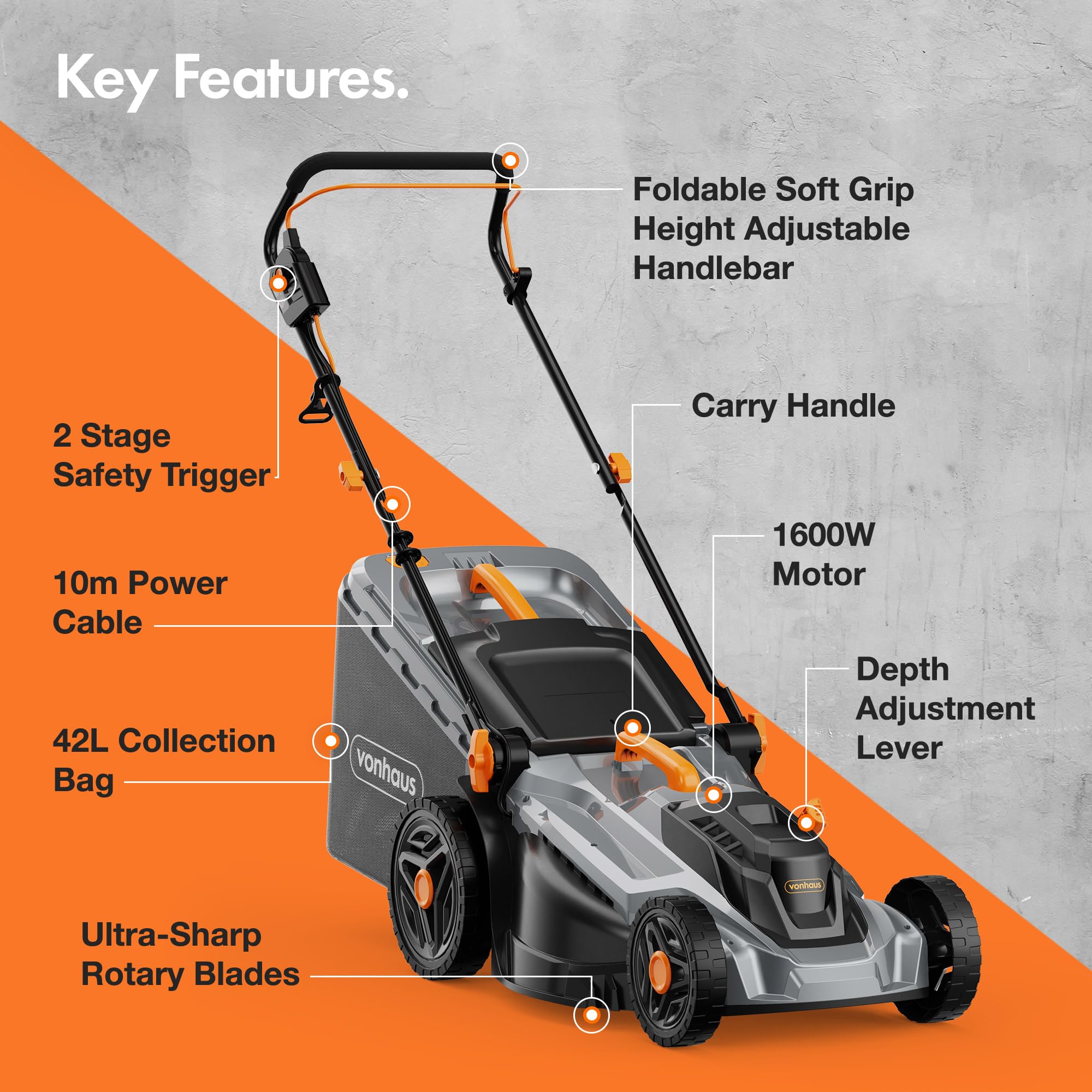 VonHaus Lawnmower 1600W – Electric Corded Lawn Mower for all Types of Grass – 42L Collection Bag, 380mm Working Width, 10m Cable, Foldable Height
