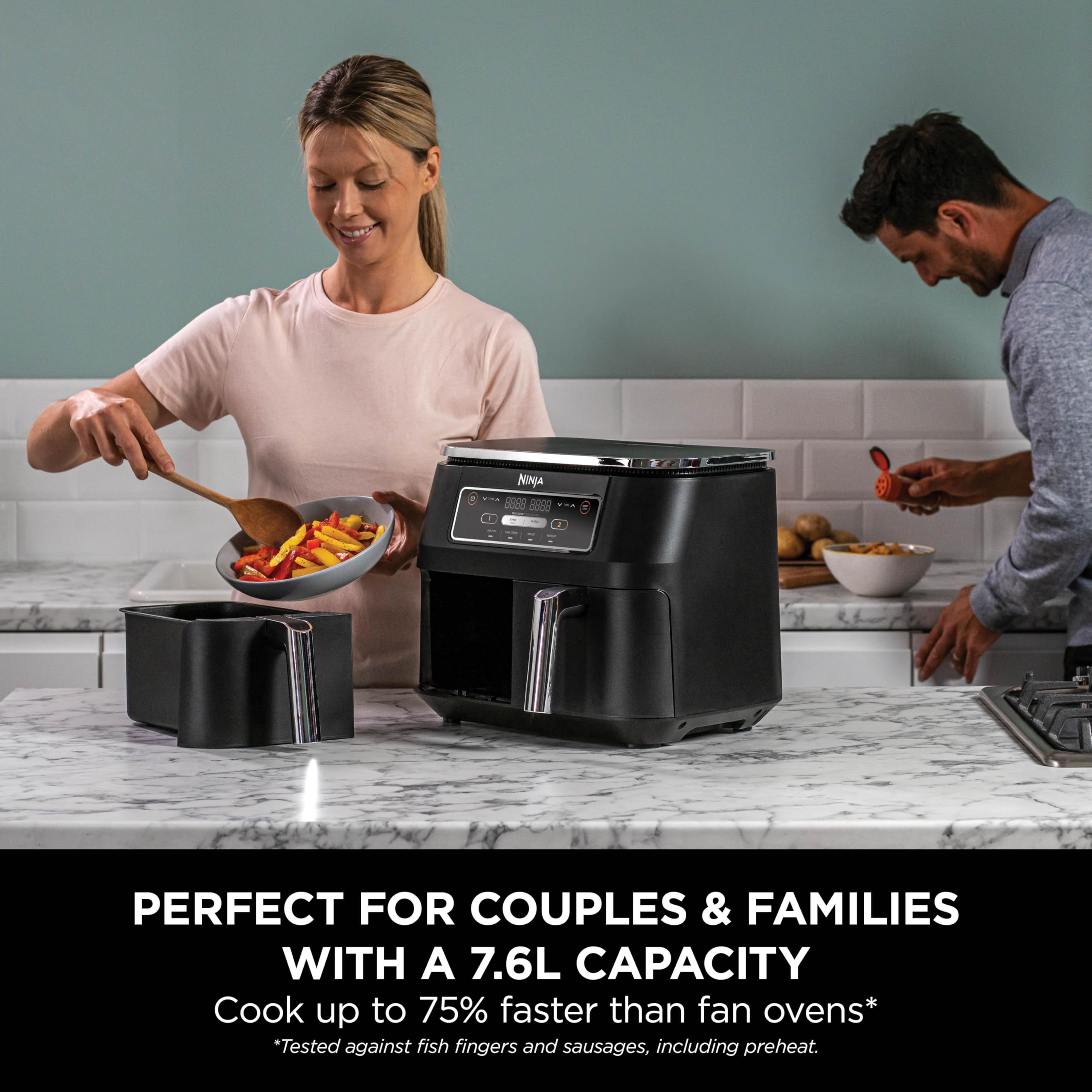 Ninja Foodi Dual Zone Digital Air Fryer, 2 Drawers, 7.6L, 4-in-1, Uses No Oil, Air Fry, Max Crisp, Roast, Reheat, Non-Stick, Dishwasher Safe Baskets