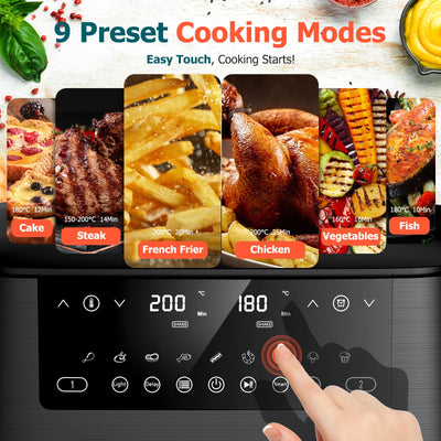 9L Dual Air Fryer with Visual Window, XL Large Capacity, 2 Drawers, 9-In-1 Cooking Presets, Touch Screen, Smart Finish, Timer Function,