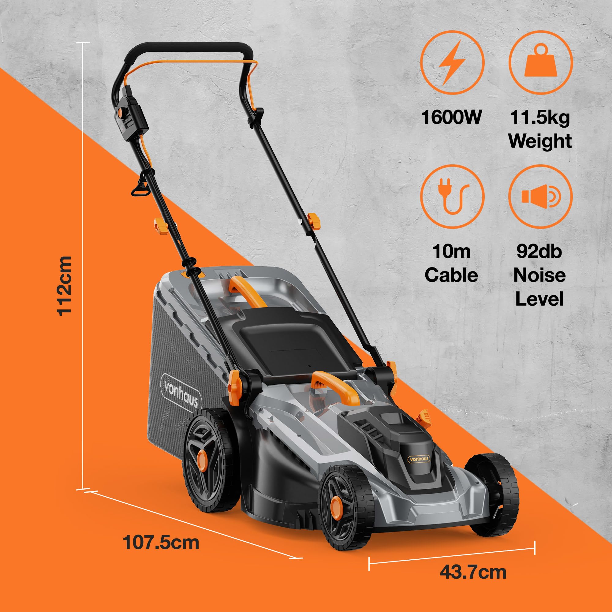 VonHaus Lawnmower 1600W – Electric Corded Lawn Mower for all Types of Grass – 42L Collection Bag, 380mm Working Width, 10m Cable, Foldable Height