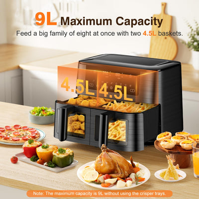 9L Dual Air Fryer with Visual Window, XL Large Capacity, 2 Drawers, 9-In-1 Cooking Presets, Touch Screen, Smart Finish, Timer Function,