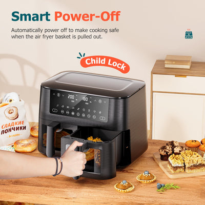 9L Dual Air Fryer with Visual Window, XL Large Capacity, 2 Drawers, 9-In-1 Cooking Presets, Touch Screen, Smart Finish, Timer Function,