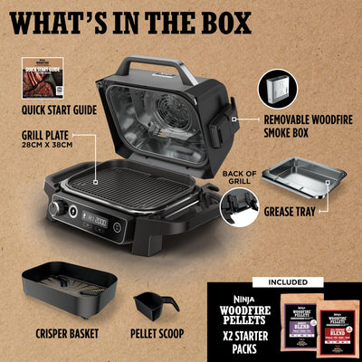 Ninja Woodfire Electric BBQ Grill & Smoker, 7-in-1 Outdoor Grill & Air Fryer, Roast, Bake, Dehydrate, Uses Woodfire Pellets, Weather Resistant,