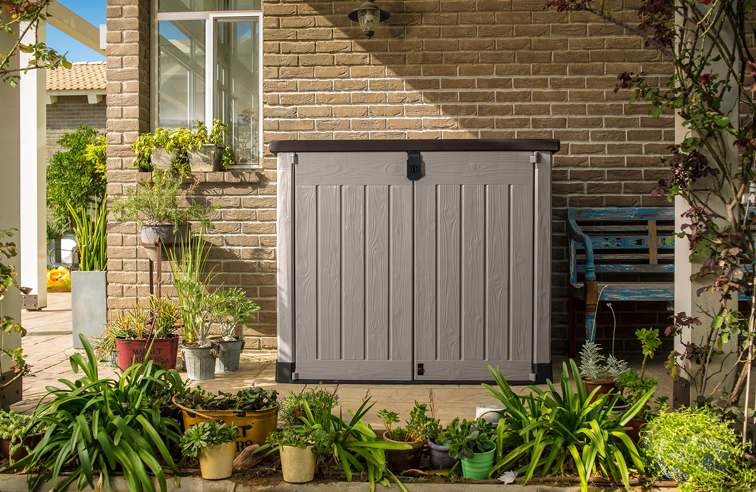 Keter Store It Out Pro Outdoor Garden Furniture Storage Shed Beige with Brown Lid Fade Free All Weather Resistant Safe and Secure Zero Maintenance 5