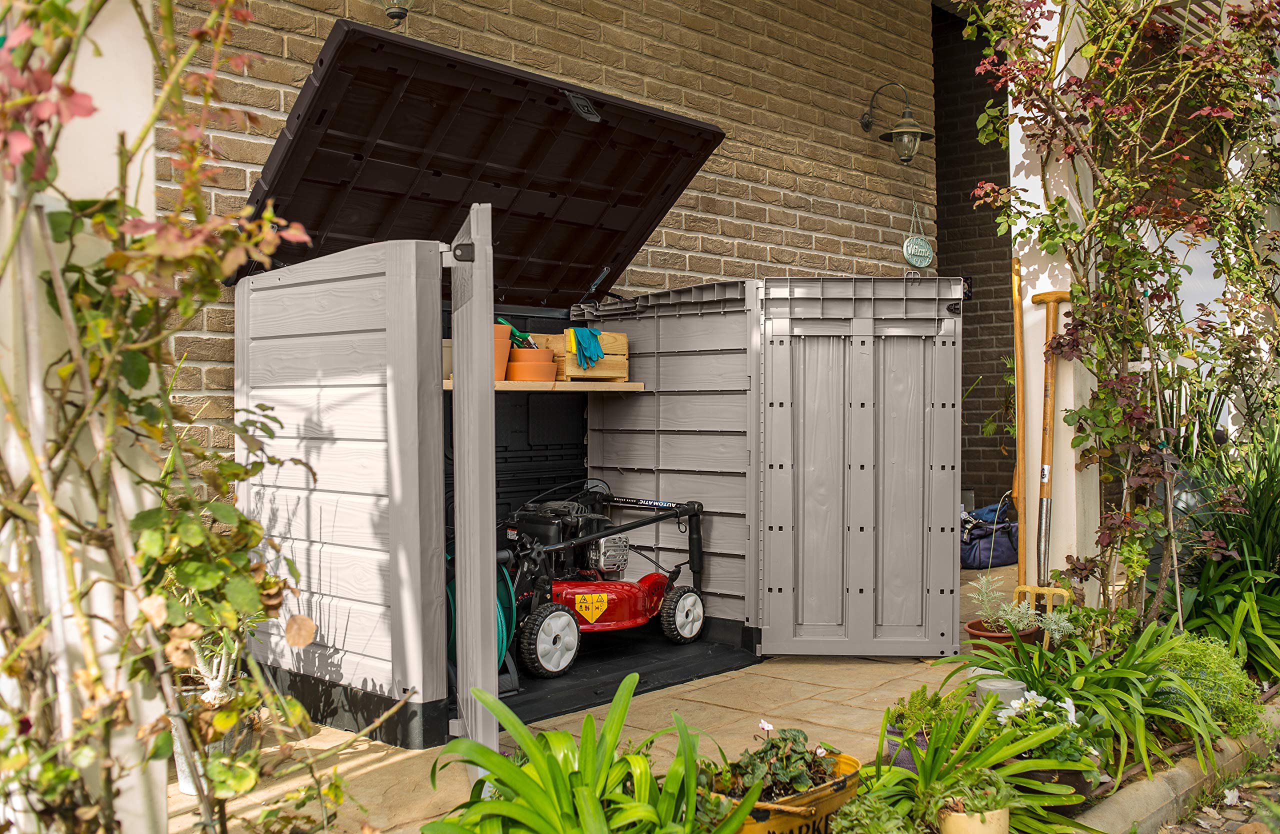 Keter Store It Out Pro Outdoor Garden Furniture Storage Shed Beige with Brown Lid Fade Free All Weather Resistant Safe and Secure Zero Maintenance 5