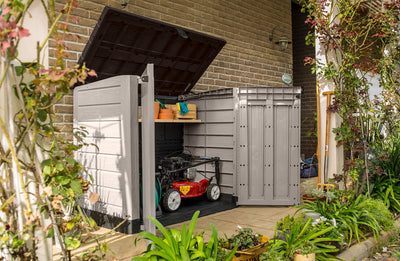 Keter Store It Out Pro Outdoor Garden Furniture Storage Shed Beige with Brown Lid Fade Free All Weather Resistant Safe and Secure Zero Maintenance 5