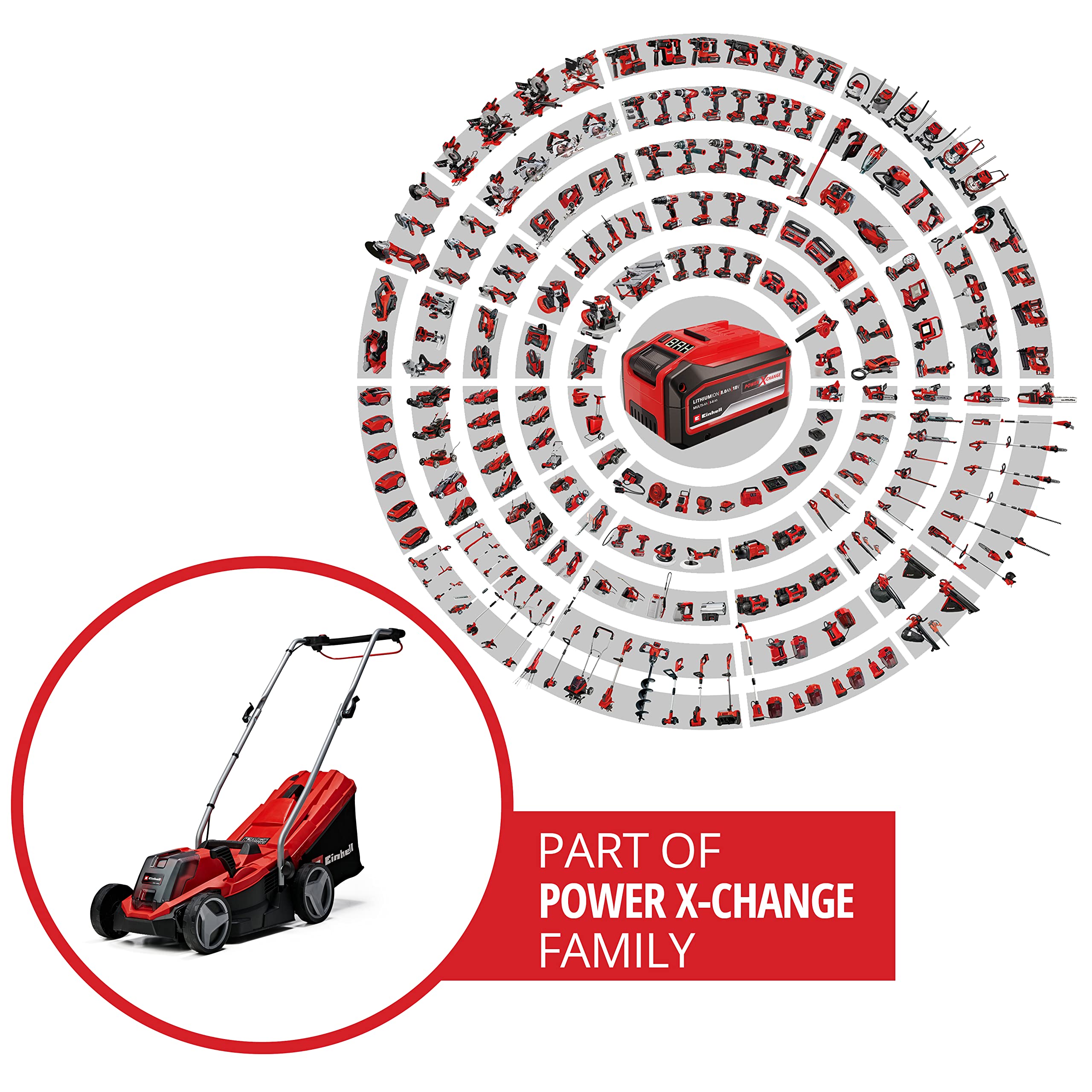 Einhell Power X-Change 18/33 Cordless Lawnmower With Battery and Charger - 18V, Brushless Motor, 33cm Cutting Width, 30L Grass Box, 5 Cutting Heights