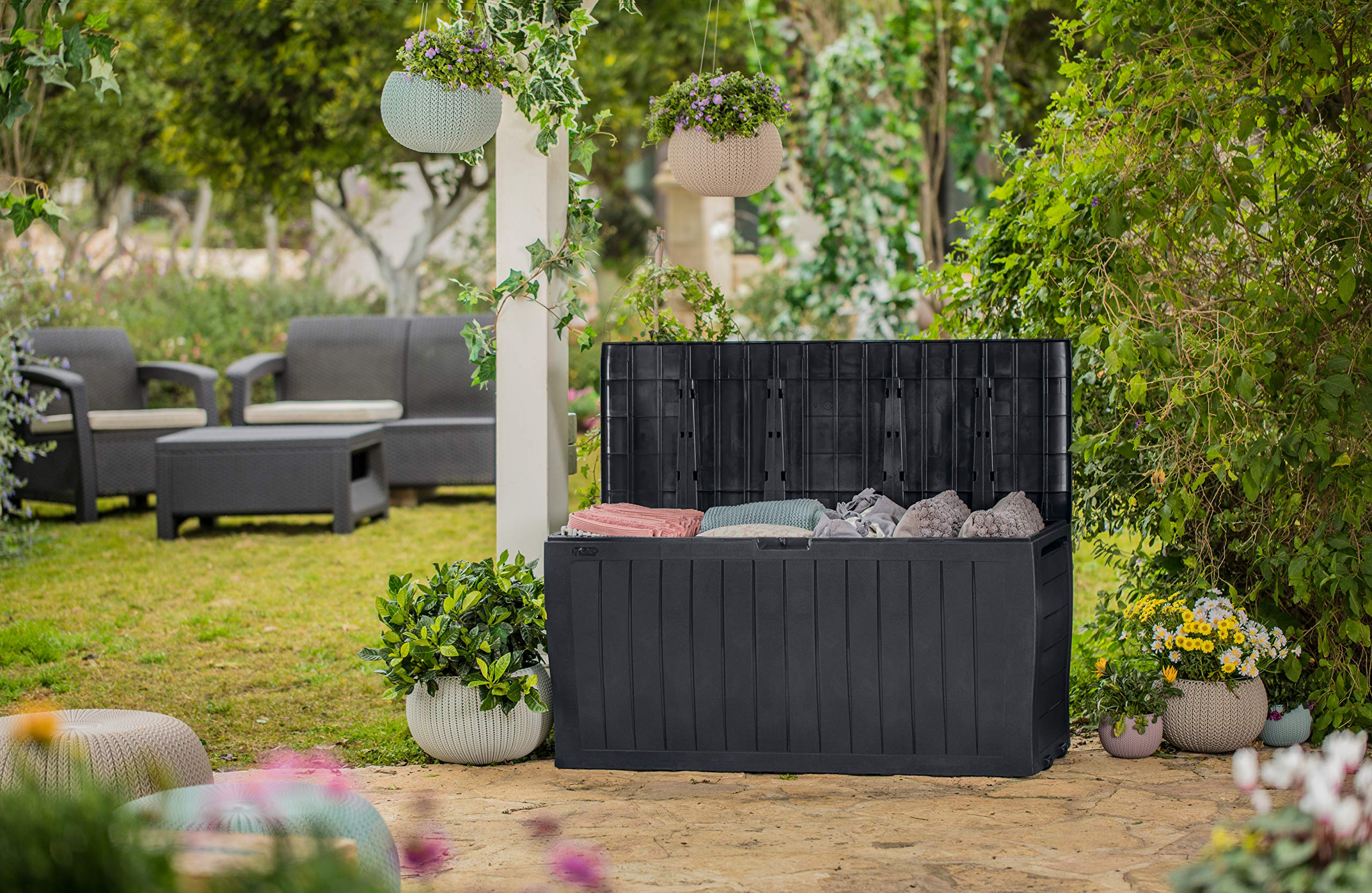 Keter Marvel+ 270L Outdoor 65% recycled Garden Furniture Storage Box Graphite Wood Panel Effect - Fade Free - All Weather Resistant - Safe and Secure