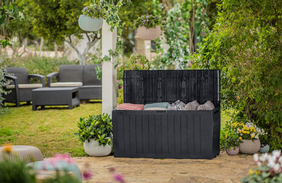 Keter Marvel+ 270L Outdoor 65% recycled Garden Furniture Storage Box Graphite Wood Panel Effect - Fade Free - All Weather Resistant - Safe and Secure
